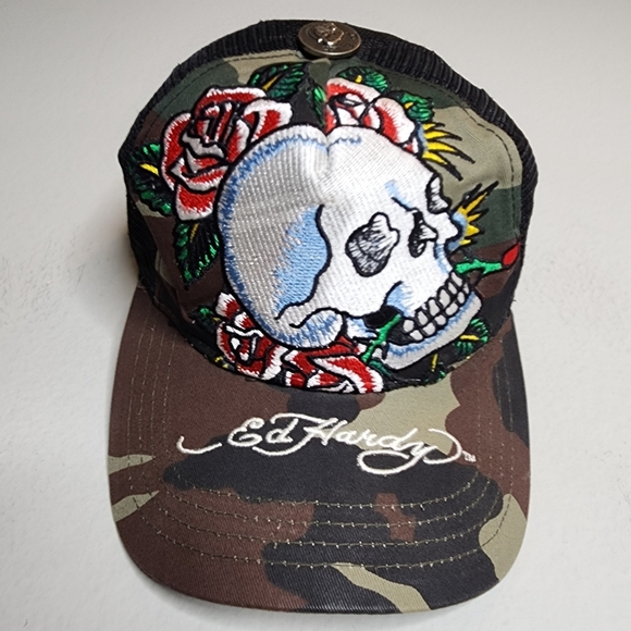 Ed Hardy Snapback Skull Roses Camo Mesh Embroidered Hat